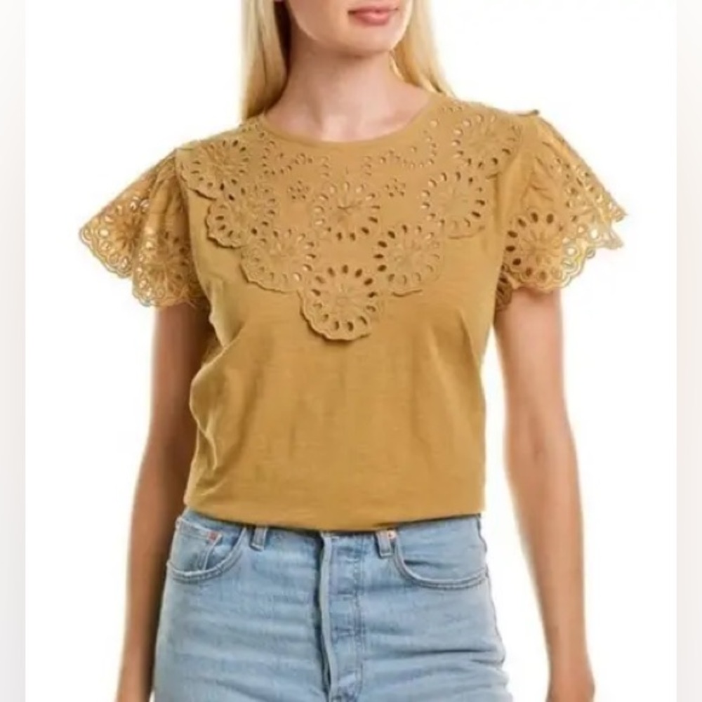 EUC J.Crew Embroidered Eyelet Flutter Sleeve Shirt | Feminine Cotton Blouse